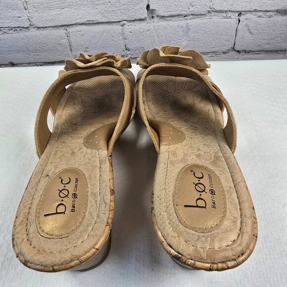 BOC BORN JAMAICA LEATHER FLOWER CORK WEDGE SLIDE SANDAL BEIGE SIZE 10 EUC WOMENS - Picture 8 of 10